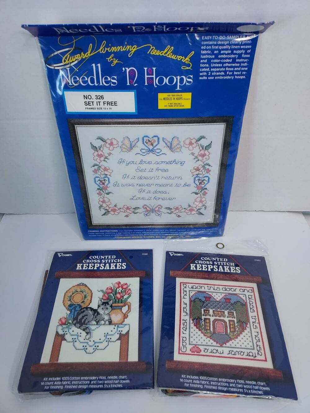 3 Cross Stitch Kits: Needles N Hoops Set It Free, Vogart Country Cats, God Bless
